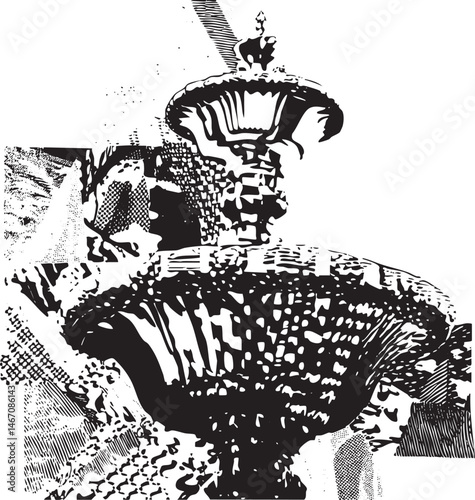 A stylized black and white of a decorative fountain.