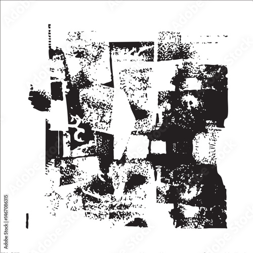 Abstract geometric shapes overlap and interact in a textured black and white composition.