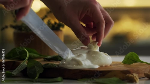 Cutting burrata close-up. The knife slowly makes a cut in the freshest burrata and the delicate cream begins to flow out onto the wooden board. Young craft cheese, еnjoyment from food.