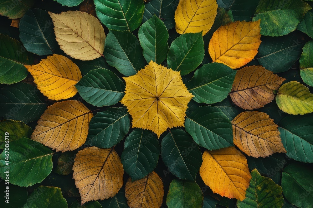 Colorful arrangement of autumn leaves creating a vibrant natural pattern on the forest floor Colorful arrangement of autumn leaves creating a vibrant natural pattern on the forest floor