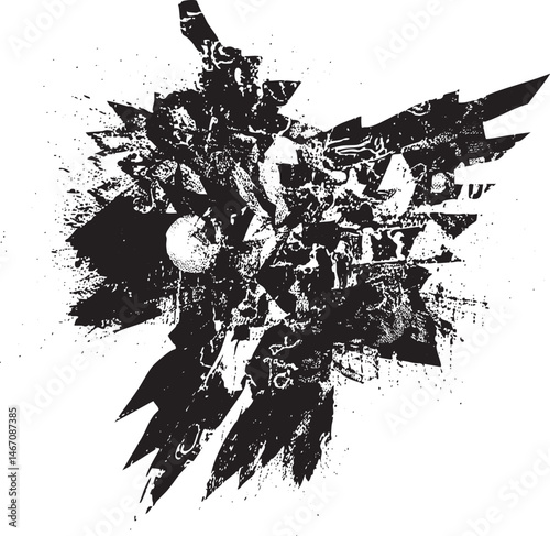 A fragmented angular black silhouette dominates a white background.