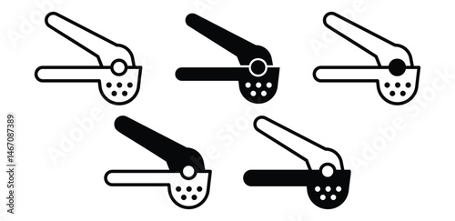 Garlic Press Icons Minimalist Kitchen Tool Illustrations Black and White Color Vector Design