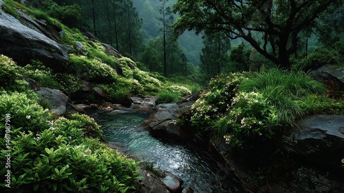 A serene mountain stream flows through a lush, vibrant green forest landscape.