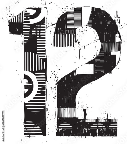 A bold stylized number ‘12’ is constructed from geometric shapes and lines.
