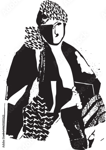 A solitary figure sits thoughtfully wearing a patterned shawl and head covering.