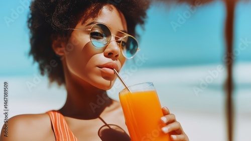 Trendy young woman drinking orange juice at tropical beach, wearing round sunglasses and striped swimsuit. Vibrant summer vibe, refreshing drink, youthful vacation energy. photo