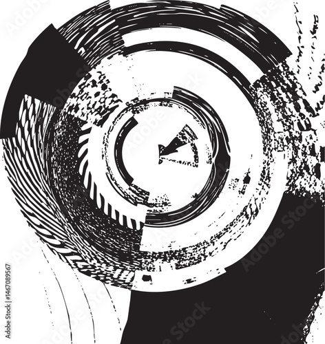 A black and white circular brushstroke creates a dynamic abstract shape.