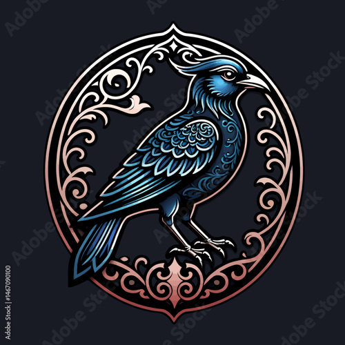 Ornamental_Blue_Bird_Art_Deco_Raven_Illustration