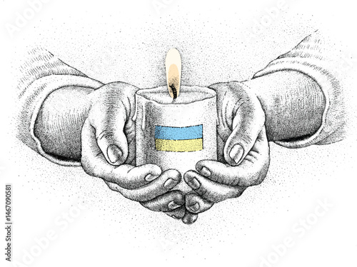 Ukrainian flag on a candle held by hands drawn by hand