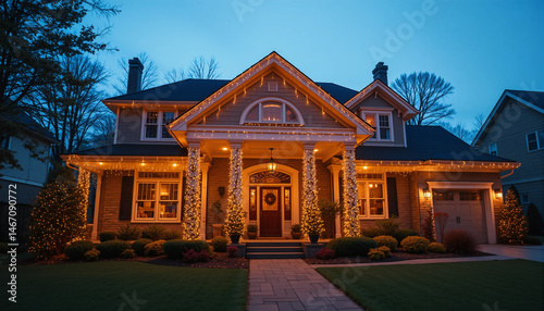 Vibrant exterior of a suburban house adorned with twinkling string lights wrapped around pillars and roof, creating a warm and inviting festive atmosphere