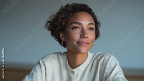 person sitting confidently at desk with clean minimalist background and ample copy space