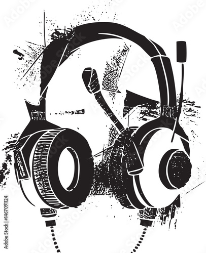 A pair of black headphones rests on a textured surface creating a .