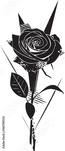 A stark black rose stands tall against a white background its petals sharply defined.