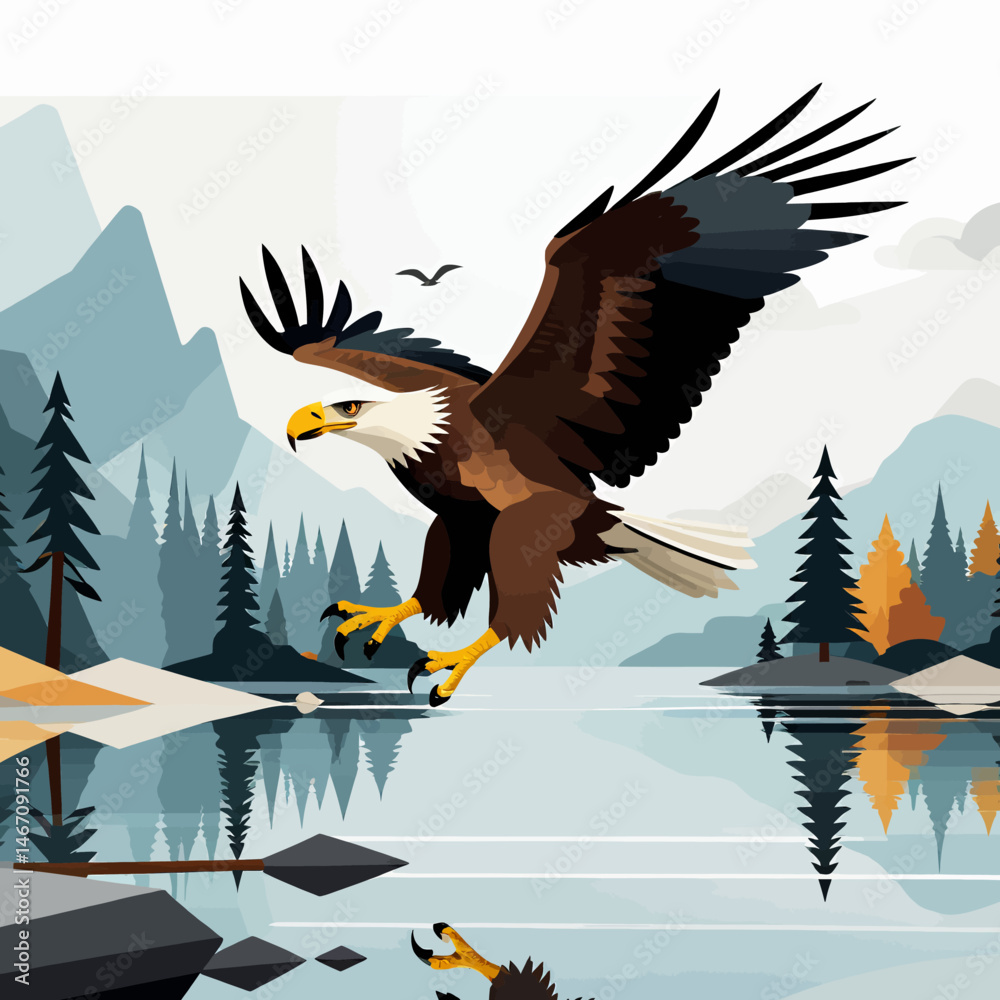 Obraz premium Bald_Eagle_Flying_Lake_Mountain_Scene_Illustration
