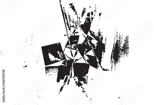 Fragmented black shapes intersect against a white background.