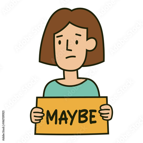 Cartoon woman holding a "MAYBE" sign with uncertain facial expression, decision making concept. Vector illustration.
