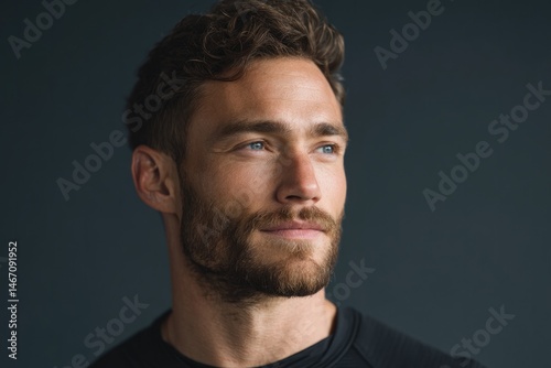 poised fitness coach gazes thoughtfully into distance against uncluttered background epitomizing resolve and ambition