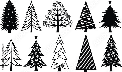 Christmas tree black vector, black color silhouette,w hite color background, Black EPS file
