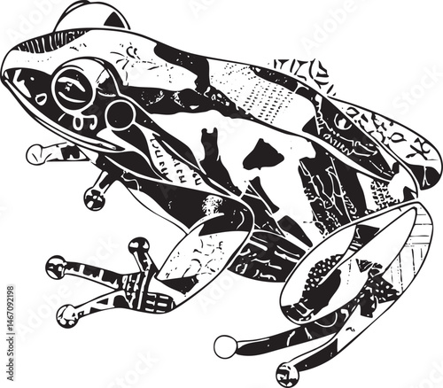 A stylized black and white of a vibrant poison dart frog.
