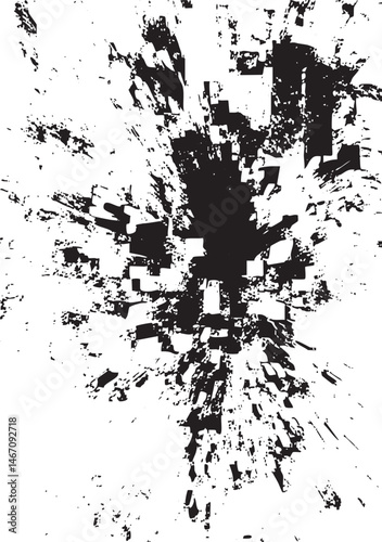 Abstract black and white shards create a dynamic explosion.