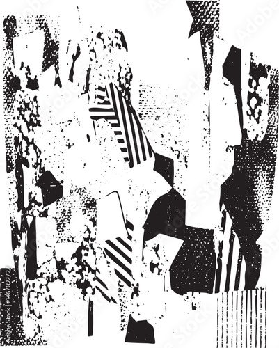 Fragmented black and white shapes create a dynamic abstract composition.