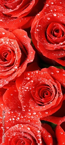 Close-up of vibrant red roses covered in fresh water droplets, showcasing their velvety petals and rich color.