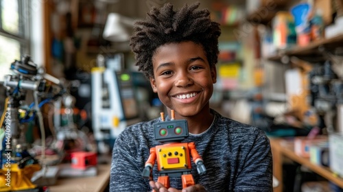 Joyful child holding a robot toy in a classroom