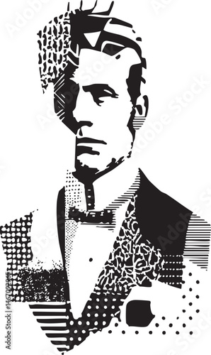 A grayscale portrait of a man in formal attire exhibits a striking textured style.