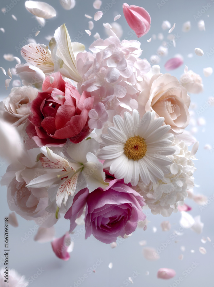 custom made wallpaper toronto digitalSoft pastel-colored bouquet of roses, daisies, peonies, and lilies with floating petals and a light blue background, elegant floral arrangement for spring or wedding decor