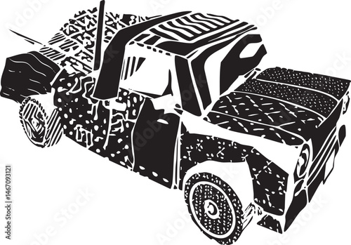 A damaged vehicle rests on a rough uneven surface.