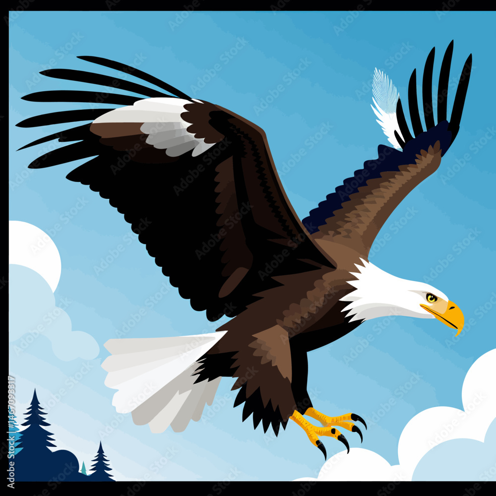 Obraz premium Bald-Eagle-Soaring-Cartoon-Illustration-Wildlife-Nature