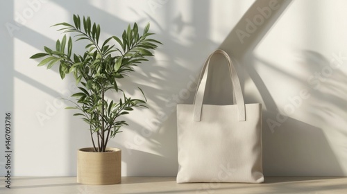 Stylish Beige Tote Bag and Green Potted Plant in Sunlit Room