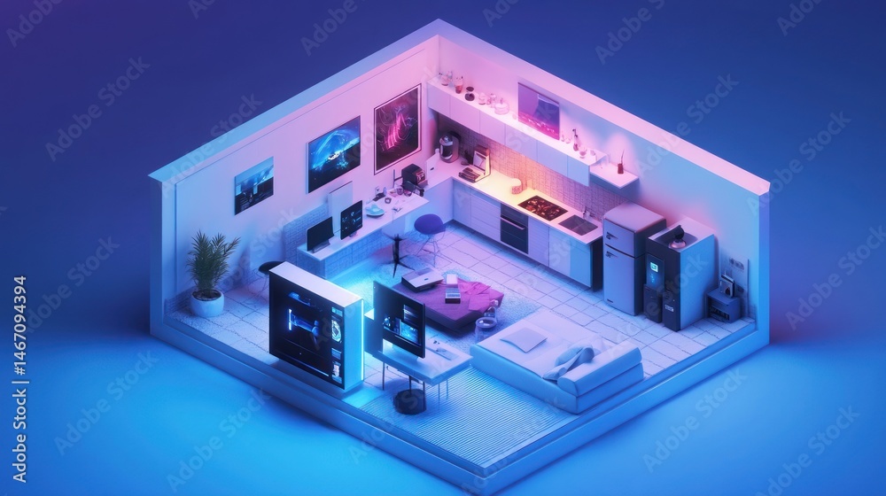 Naklejka premium Isometric view of a modern, minimalist apartment with integrated gaming setup and kitchen.