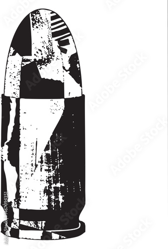 A stark black and white projectile rests vertically on a textured surface.