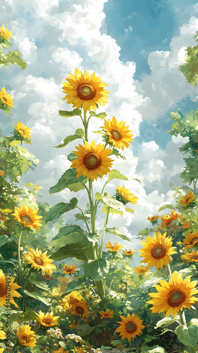 Vibrant sunflowers bask in sunny sky, amidst a field of blossoms