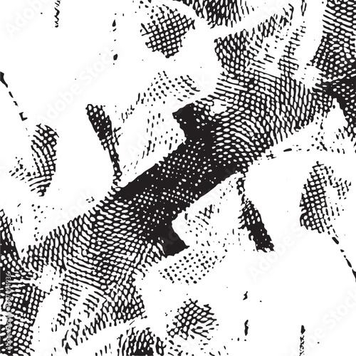 A fragmented distressed black and white reveals abstract shapes and textures.
