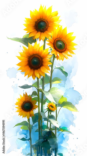 Vibrant sunflowers in watercolor style, blooming on tall stems against a light blue wash