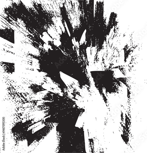Abstract black and white brushstrokes create a dynamic textured composition.