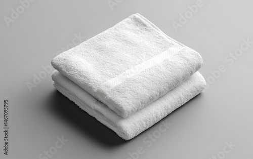 Three white folded towels stacked on a gray surface.  Folded neatly, the towels exhibit a soft texture