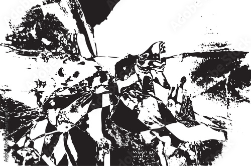 A silhouetted figure observes a fragmented abstract landscape.