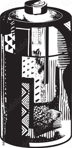 A grayscale depicts a cylindrical battery with intricate geometric .