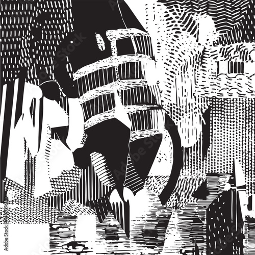 A grayscale abstract composition featuring a stylized building and fragmented figures.