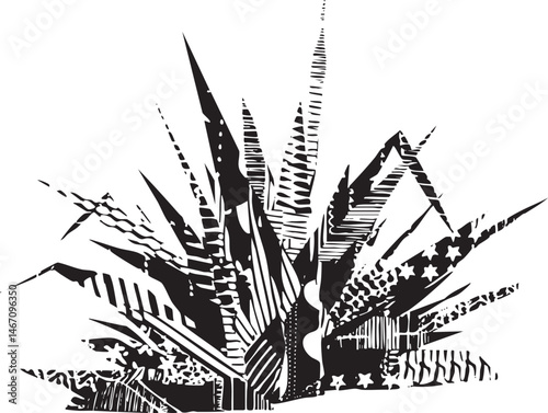 A stylized black and white depicts a burst of leaves radiating outwards.