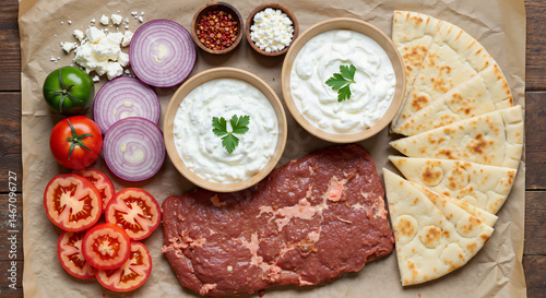 Wallpaper Mural Raw beef gyro ingredients with pita and tzatziki on paper Torontodigital.ca