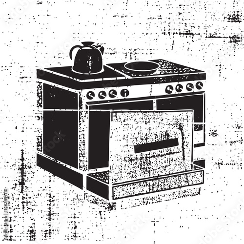 A vintage stove stands prominently displaying a kettle and a cooking pot.