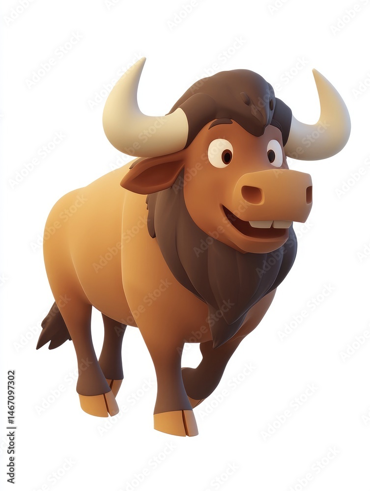 Animated illustration of a cheerful, cartoonish wildebeest. Animated illustration of a cheerful, cartoonish wildebeest.
