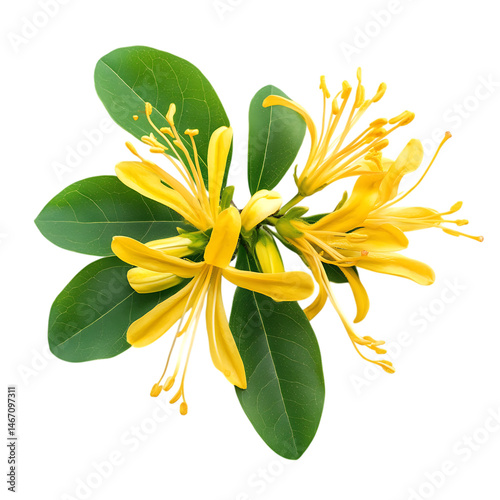 Obraz na płótnie Yellow Honeysuckle Flower with Green Leaves