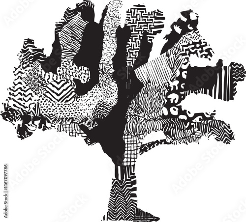 A stylized black and white tree composed of intricate overlapping geometric .