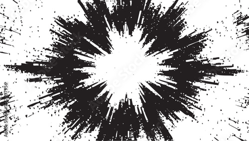 A central white circle is surrounded by radiating black splatters creating a dynamic burst effect.
