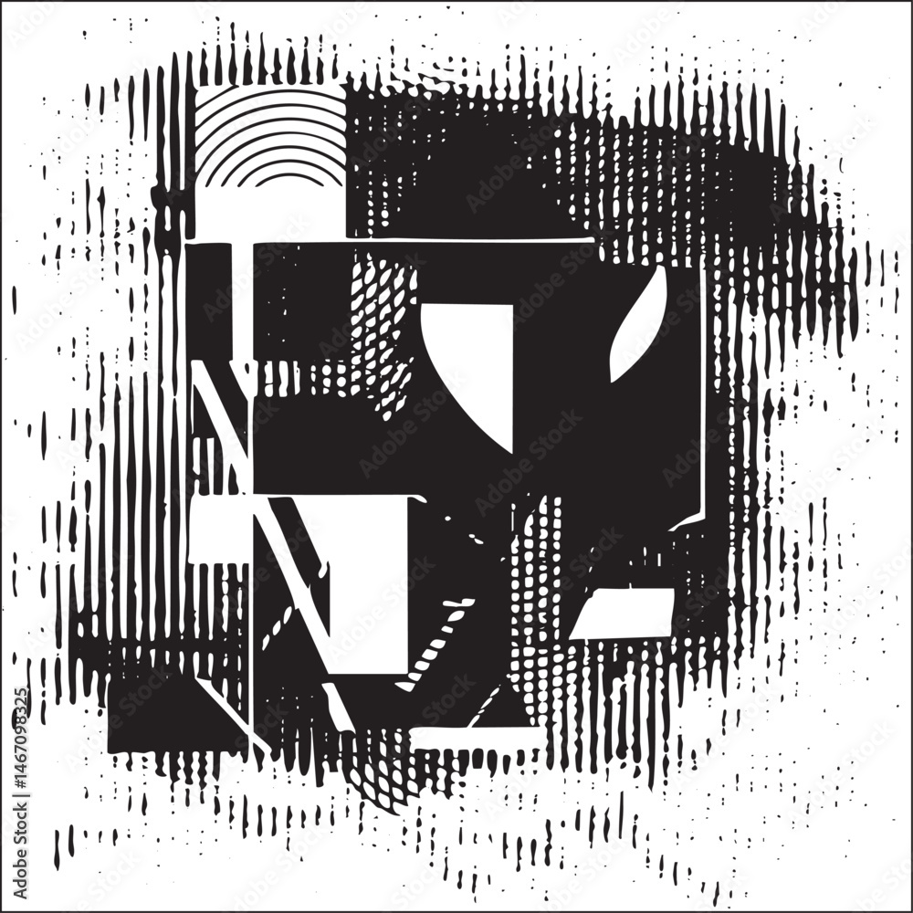 A large bold black letter 'N' dominates a textured background of linear .